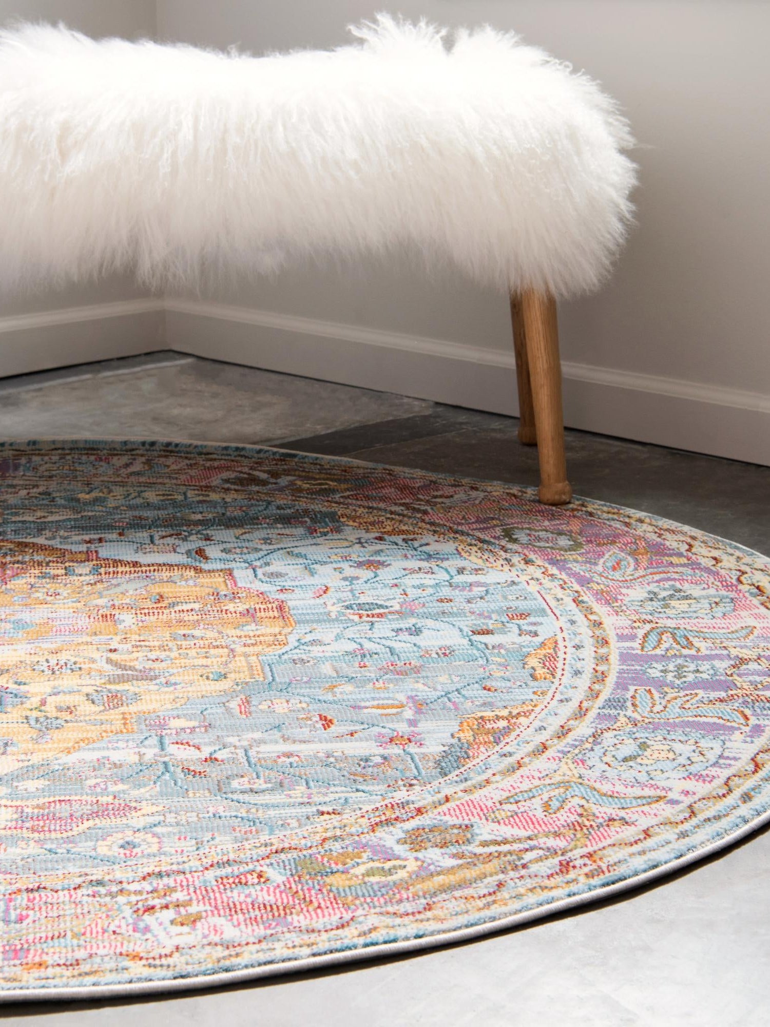 Light Blue 8' x 8' Baracoa Round Area Rug 100% Polypropylene Distressed Vintage Living Dining Room Office Traditional Carpet for Sale at Rug Engine