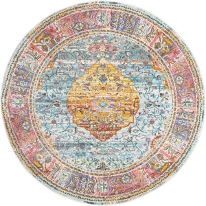 Light Blue 5' 5 x 5' 5 Baracoa Round Area Rug 100% Polypropylene Distressed Vintage Living Dining Room Office Traditional Carpet for Sale at Rug Engine