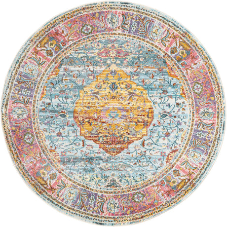 Light Blue 5' 5 x 5' 5 Baracoa Round Area Rug 100% Polypropylene Distressed Vintage Living Dining Room Office Traditional Carpet for Sale at Rug Engine