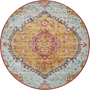Gold 8' x 8' Baracoa Round Area Rug 100% Polypropylene Distressed Vintage Living Dining Room Office Traditional Carpet for Sale at Rug Engine