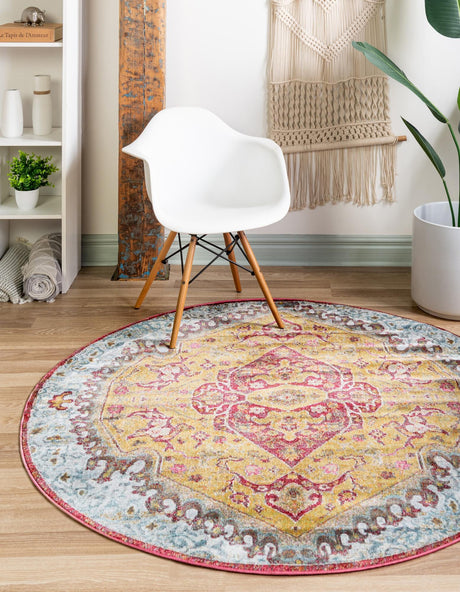 Gold 5' 5 x 5' 5 Baracoa Round Area Rug 100% Polypropylene Distressed Vintage Living Dining Room Office Traditional Carpet for Sale at Rug Engine