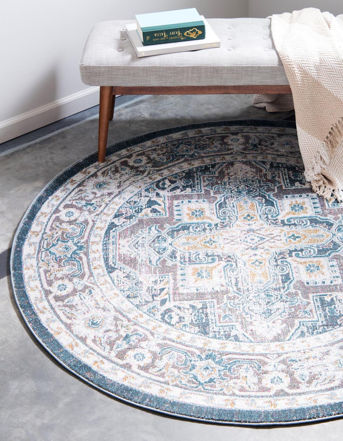 Gray 5' 5 x 5' 5 Baracoa Round Area Rug 100% Polypropylene Distressed Vintage Living Dining Room Office Traditional Carpet for Sale at Rug Engine