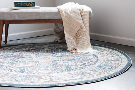 Gray 8' x 8' Baracoa Round Area Rug 100% Polypropylene Distressed Vintage Living Dining Room Office Traditional Carpet for Sale at Rug Engine