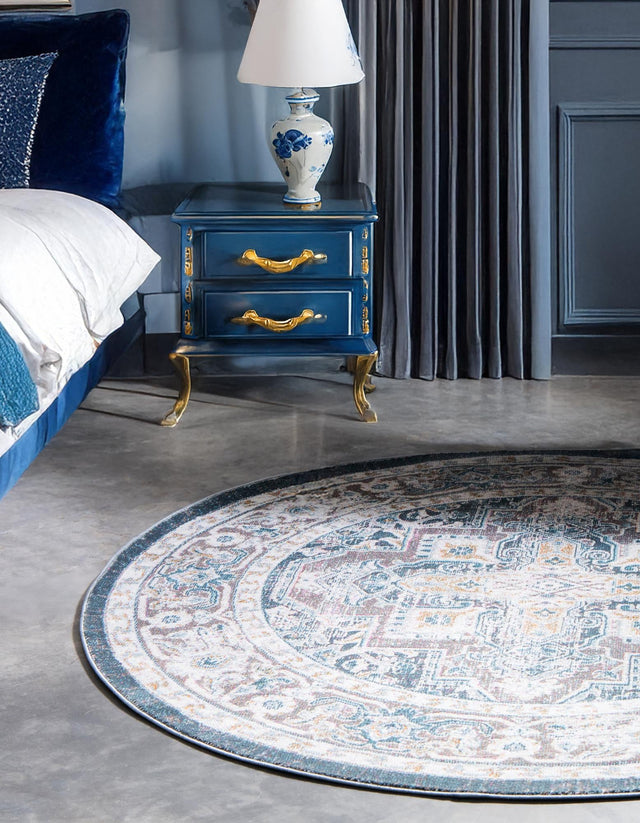 Gray 5' 5 x 5' 5 Baracoa Round Area Rug 100% Polypropylene Distressed Vintage Living Dining Room Office Traditional Carpet for Sale at Rug Engine