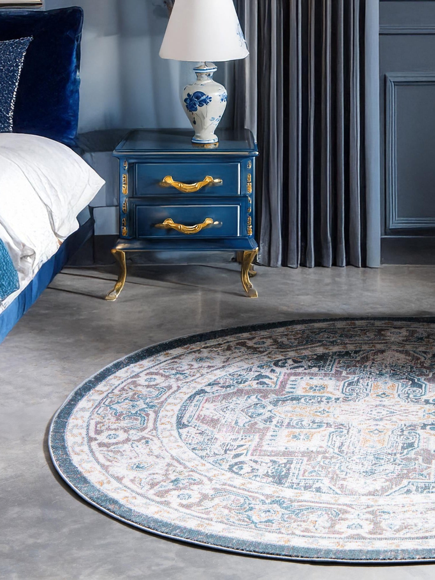 Gray 8' x 8' Baracoa Round Area Rug 100% Polypropylene Distressed Vintage Living Dining Room Office Traditional Carpet for Sale at Rug Engine