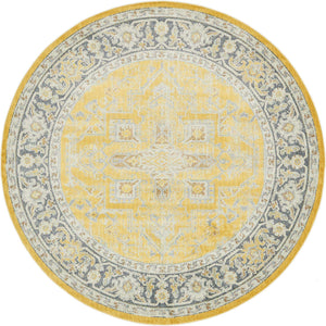 Yellow 8' x 8' Baracoa Round Area Rug 100% Polypropylene Distressed Vintage Living Dining Room Office Traditional Carpet for Sale at Rug Engine