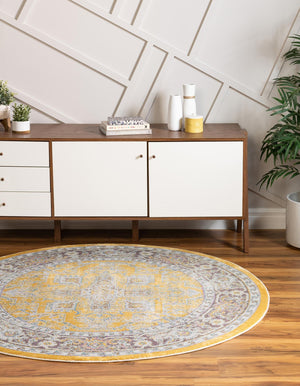 Yellow 4' x 4' Baracoa Round Area Rug 100% Polypropylene Distressed Vintage Living Dining Room Office Traditional Carpet for Sale at Rug Engine