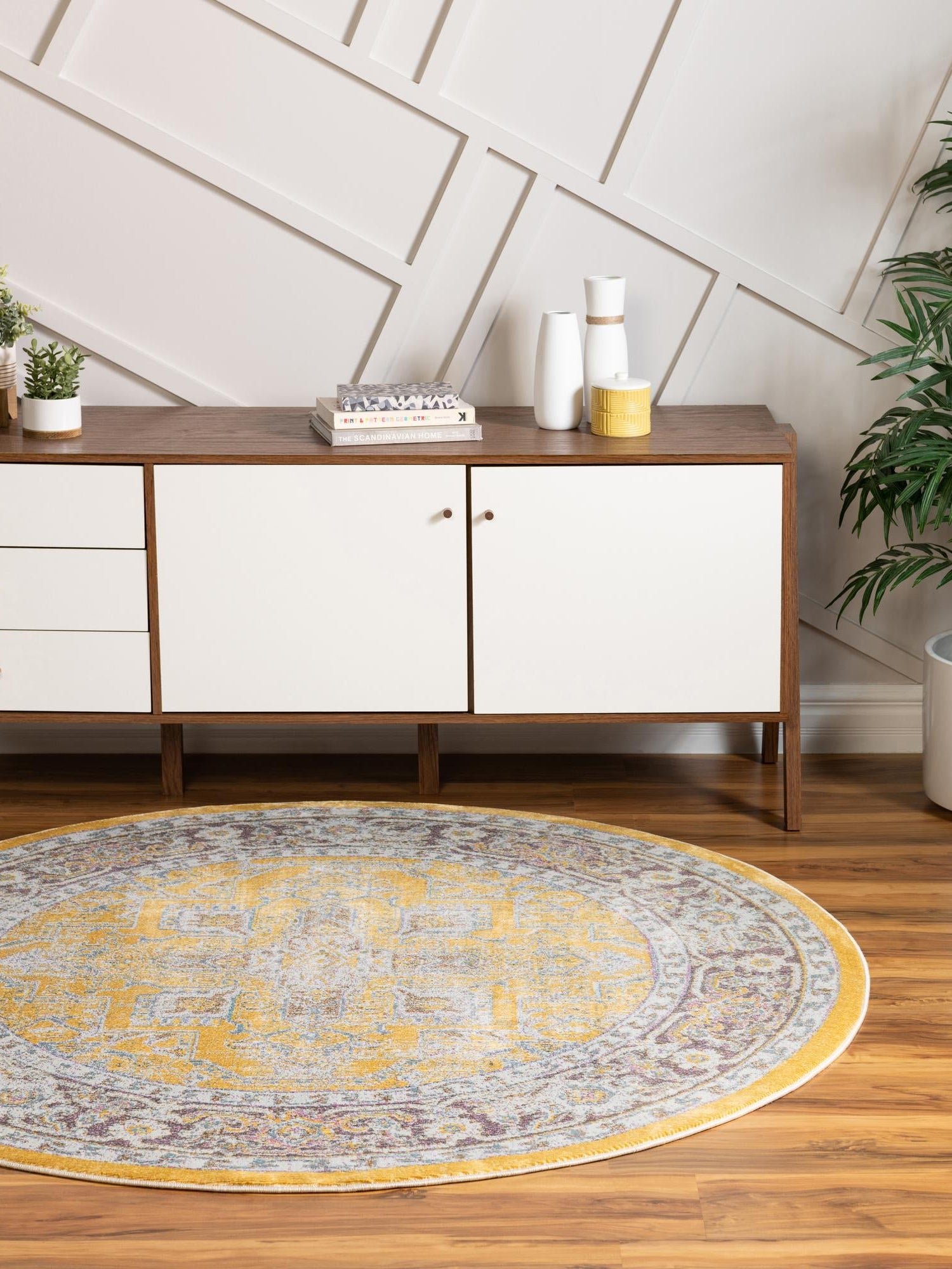 Yellow 8' x 8' Baracoa Round Area Rug 100% Polypropylene Distressed Vintage Living Dining Room Office Traditional Carpet for Sale at Rug Engine