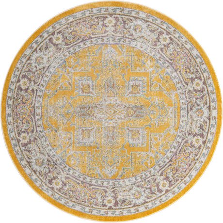 Yellow 5' 5 x 5' 5 Baracoa Round Area Rug 100% Polypropylene Distressed Vintage Living Dining Room Office Traditional Carpet for Sale at Rug Engine