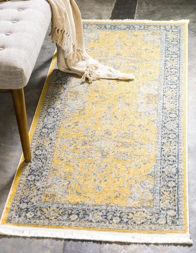 Yellow 2' 2 x 8' Baracoa Runner Area Rug 100% Polypropylene Distressed Vintage Living Dining Room Office Traditional Carpet for Sale at Rug Engine