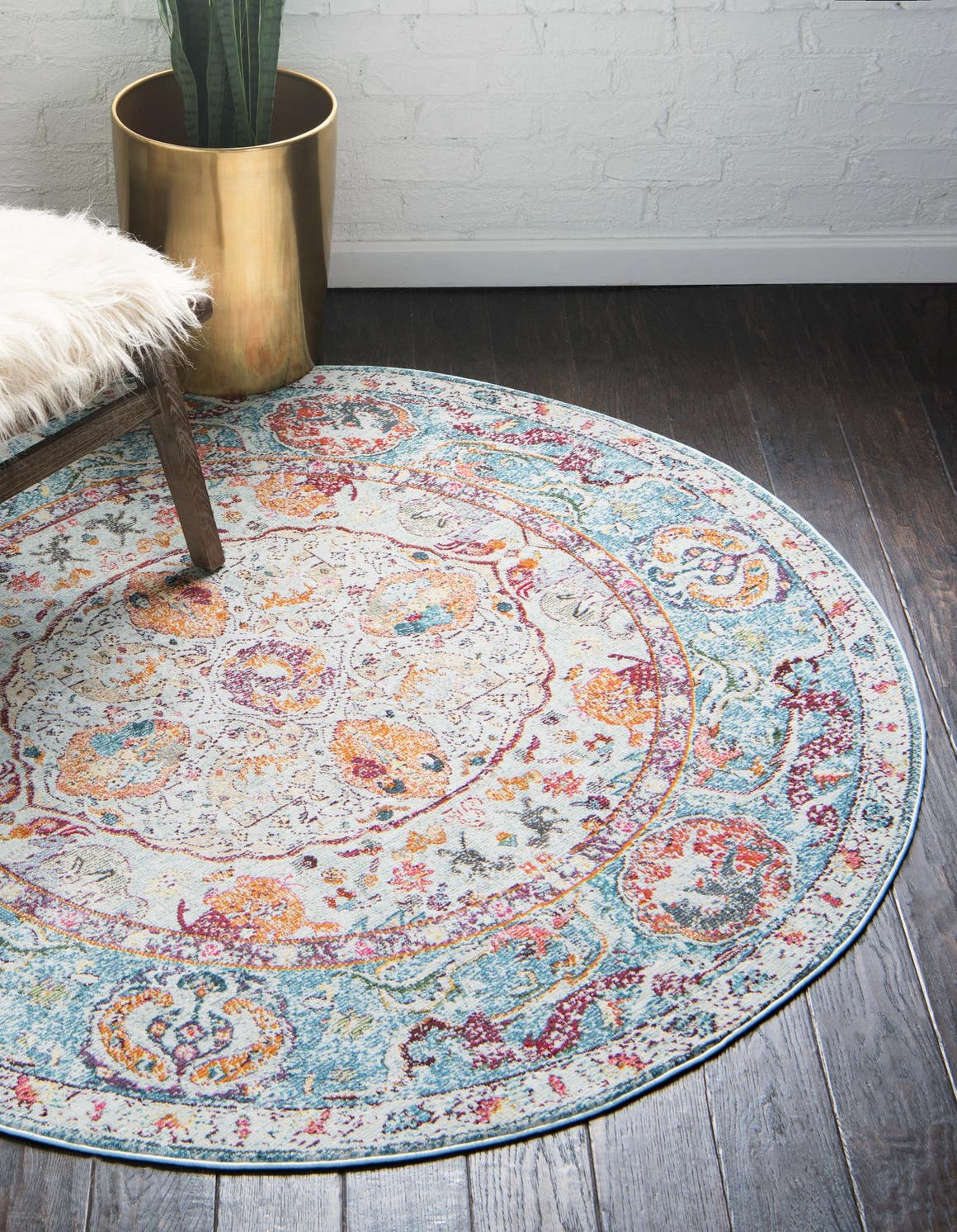 Light Blue 6' x 6' Baracoa Round Area Rug 100% Polypropylene Distressed Vintage Living Dining Room Office Traditional Carpet for Sale at Rug Engine