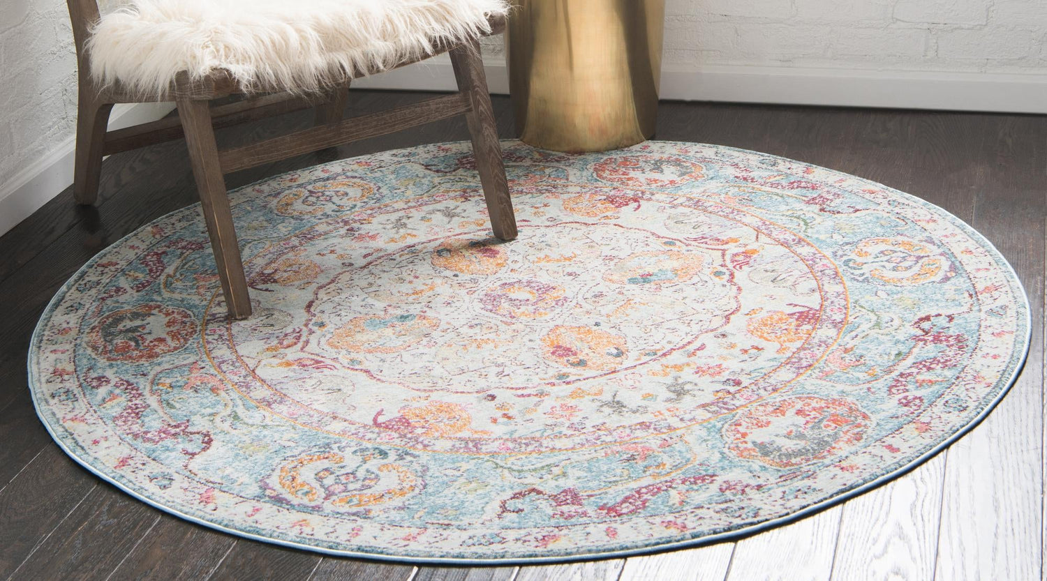 Light Blue 8' x 8' Baracoa Round Area Rug 100% Polypropylene Distressed Vintage Living Dining Room Office Traditional Carpet for Sale at Rug Engine