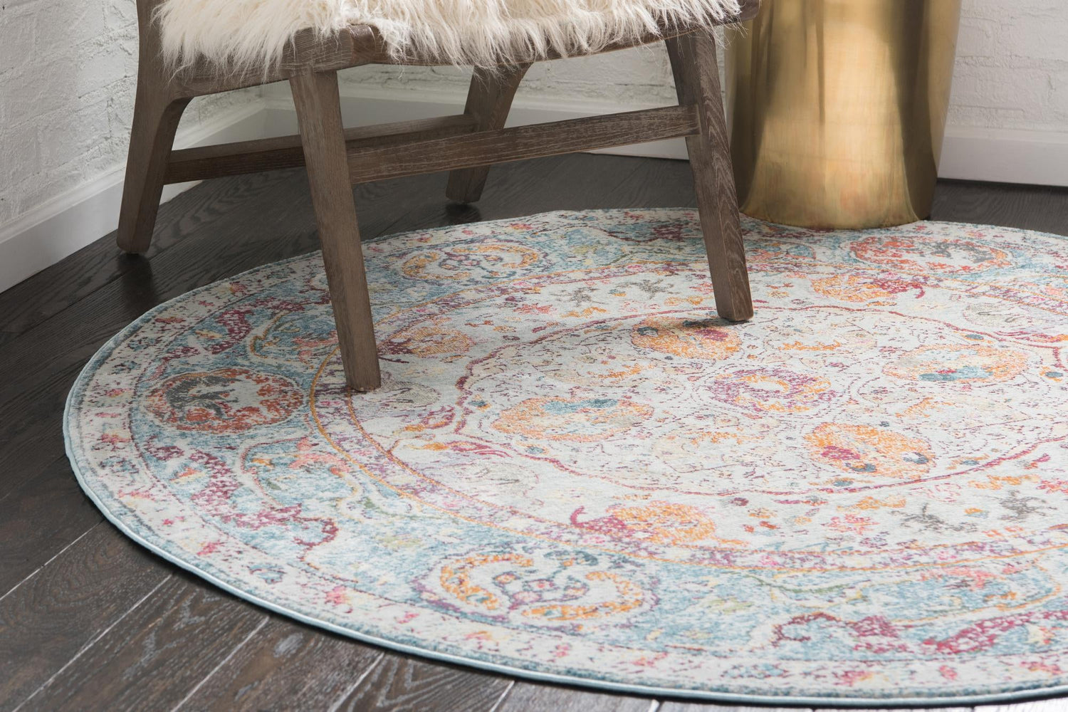Light Blue 4' x 4' Baracoa Round Area Rug 100% Polypropylene Distressed Vintage Living Dining Room Office Traditional Carpet for Sale at Rug Engine