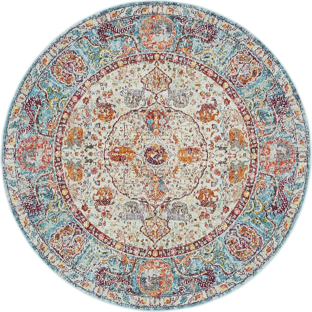 Light Blue 5' 5 x 5' 5 Baracoa Round Area Rug 100% Polypropylene Distressed Vintage Living Dining Room Office Traditional Carpet for Sale at Rug Engine