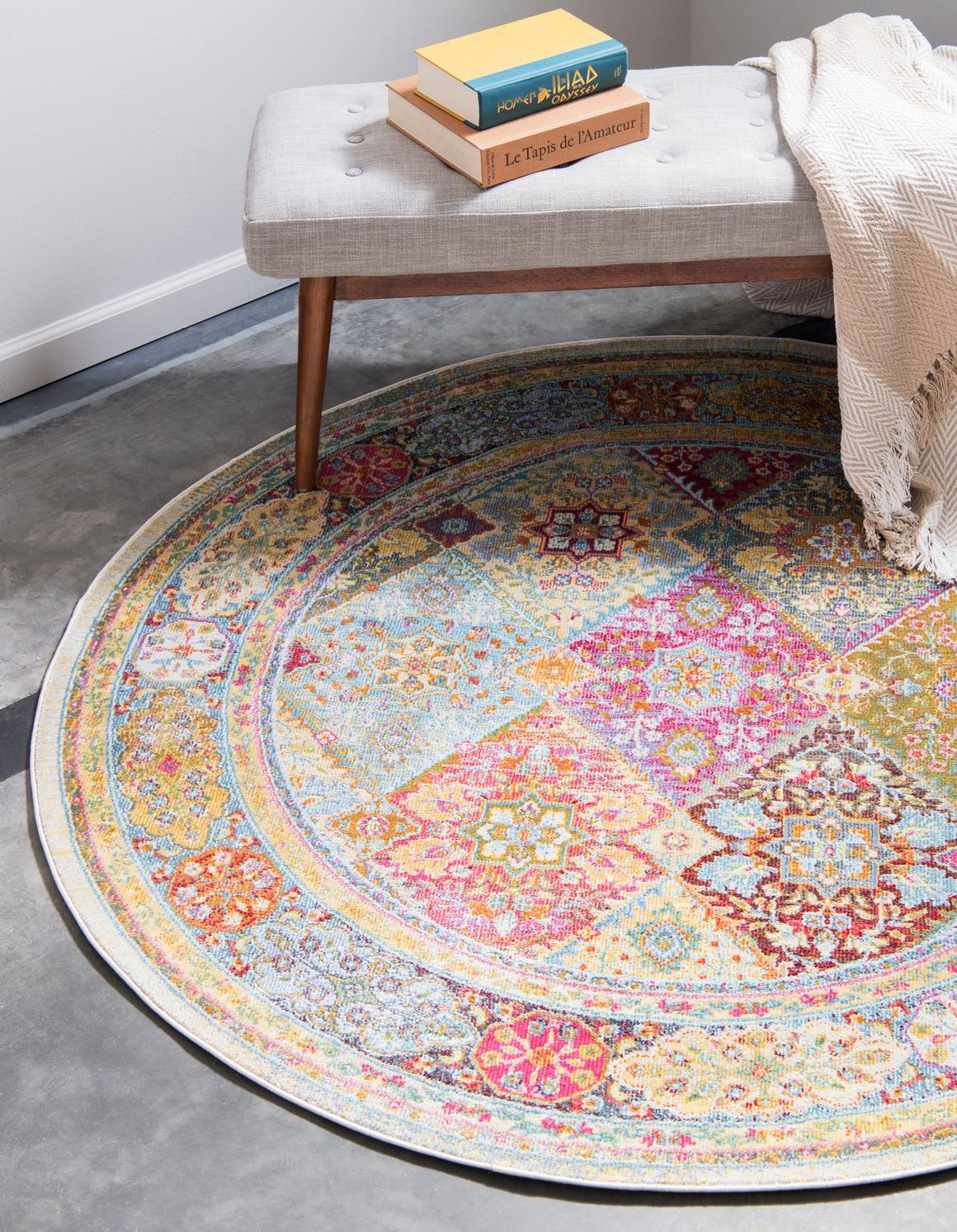 Multicolor 4' x 4' Baracoa Round Area Rug 100% Polypropylene Distressed Vintage Living Dining Room Office Traditional Carpet for Sale at Rug Engine