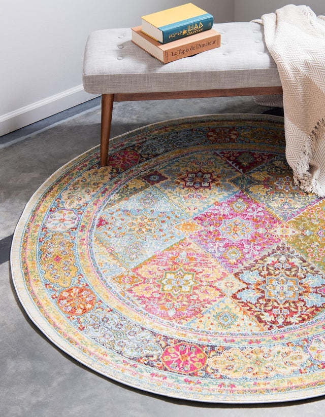 Multicolor 4' x 4' Baracoa Round Area Rug 100% Polypropylene Distressed Vintage Living Dining Room Office Traditional Carpet for Sale at Rug Engine