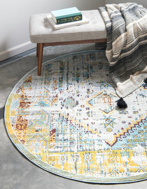 Light Blue 5' 5 x 5' 5 Baracoa Round Area Rug 100% Polypropylene Distressed Vintage Living Dining Room Office Traditional Carpet for Sale at Rug Engine