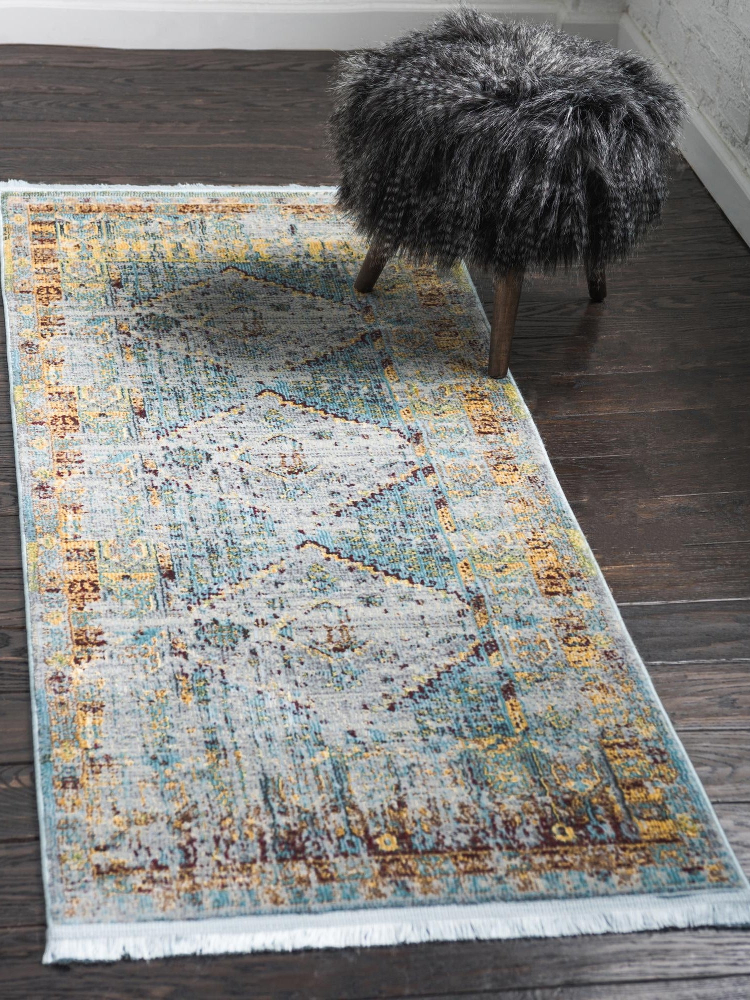 Light Blue 2' 7 x 10' Baracoa Runner Area Rug 100% Polypropylene Distressed Vintage Living Dining Room Office Traditional Carpet for Sale at Rug Engine