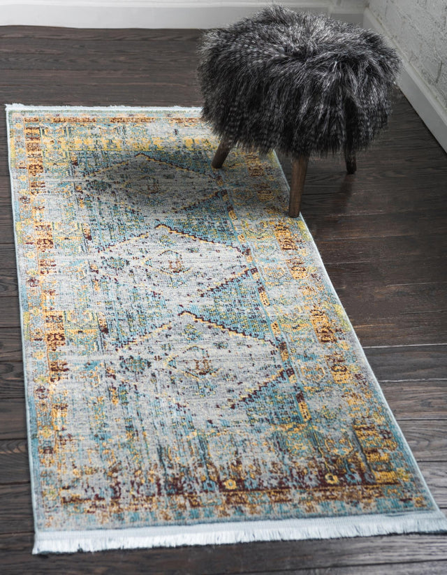 Light Blue 2' 7 x 10' Baracoa Runner Area Rug 100% Polypropylene Distressed Vintage Living Dining Room Office Traditional Carpet for Sale at Rug Engine