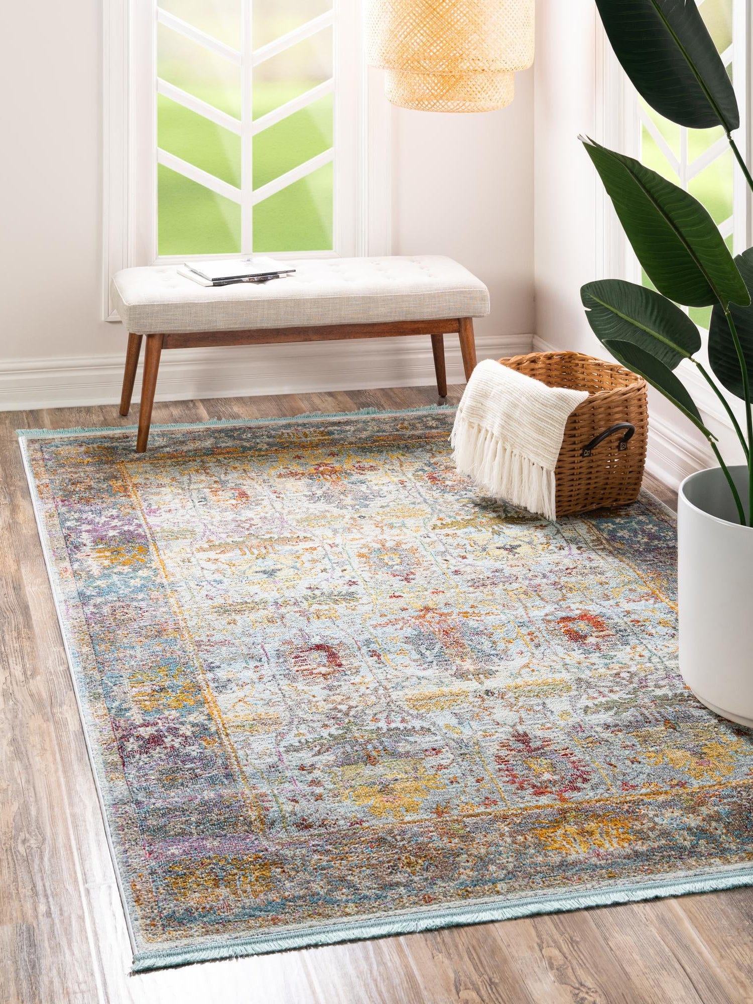 Light Blue 4' 3 x 6' 1 Baracoa Rectangle Area Rug 100% Polypropylene Distressed Vintage Living Dining Room Office Traditional Carpet for Sale at Rug Engine