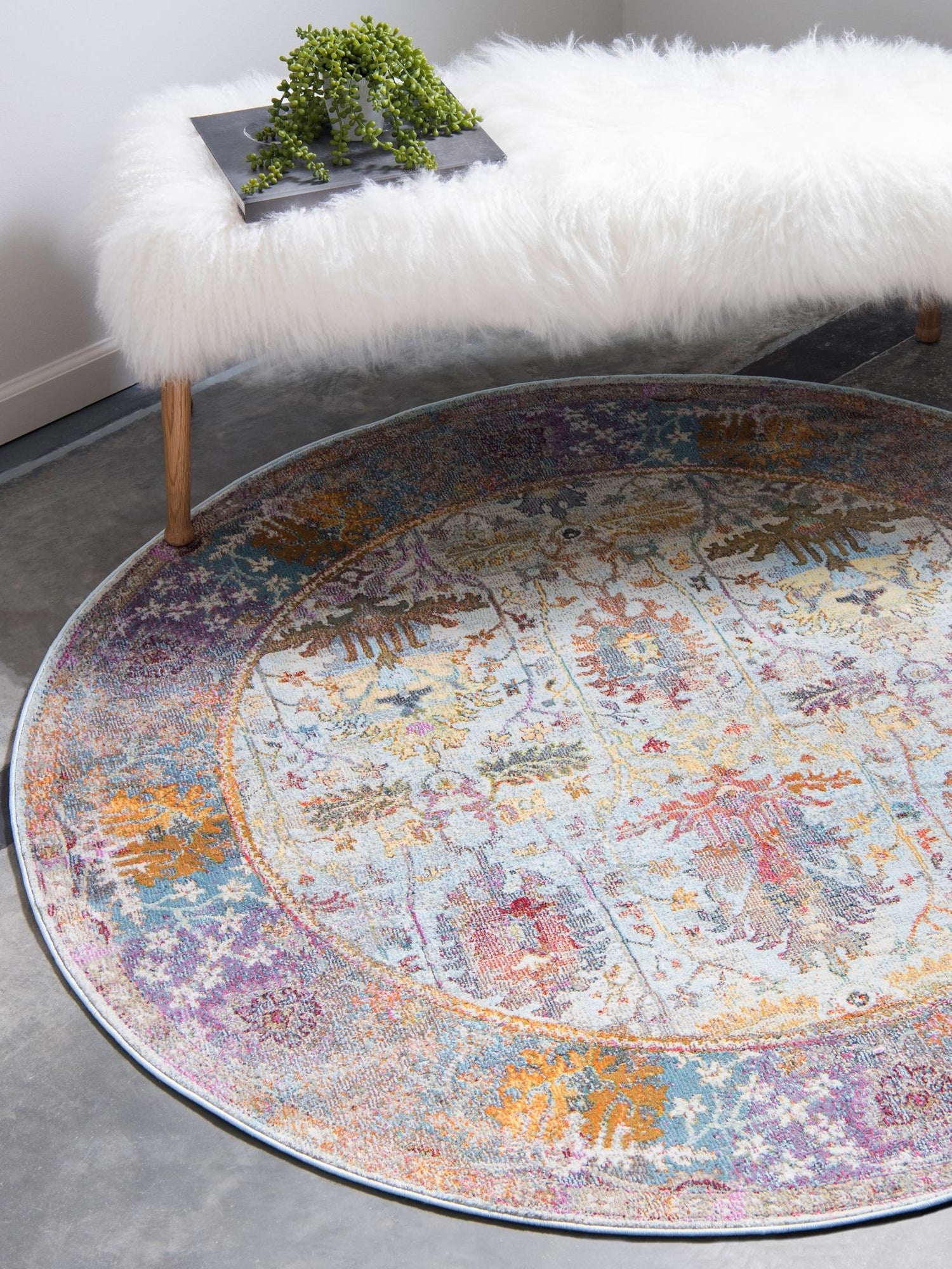 Light Blue 5' 5 x 5' 5 Baracoa Round Area Rug 100% Polypropylene Distressed Vintage Living Dining Room Office Traditional Carpet for Sale at Rug Engine