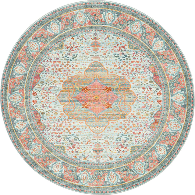 Light Blue 8' x 8' Baracoa Round Area Rug 100% Polypropylene Distressed Vintage Living Dining Room Office Traditional Carpet for Sale at Rug Engine