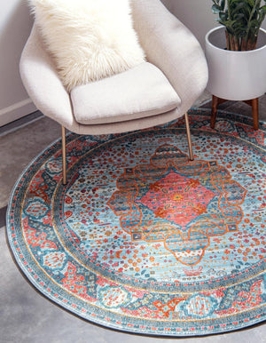 Light Blue 6' 1 x 6' 1 Baracoa Round Area Rug 100% Polypropylene Distressed Vintage Living Dining Room Office Traditional Carpet for Sale at Rug Engine
