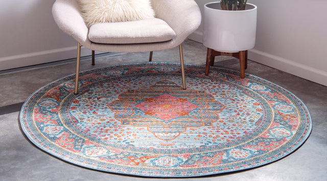 Light Blue 6' 1 x 6' 1 Baracoa Round Area Rug 100% Polypropylene Distressed Vintage Living Dining Room Office Traditional Carpet for Sale at Rug Engine