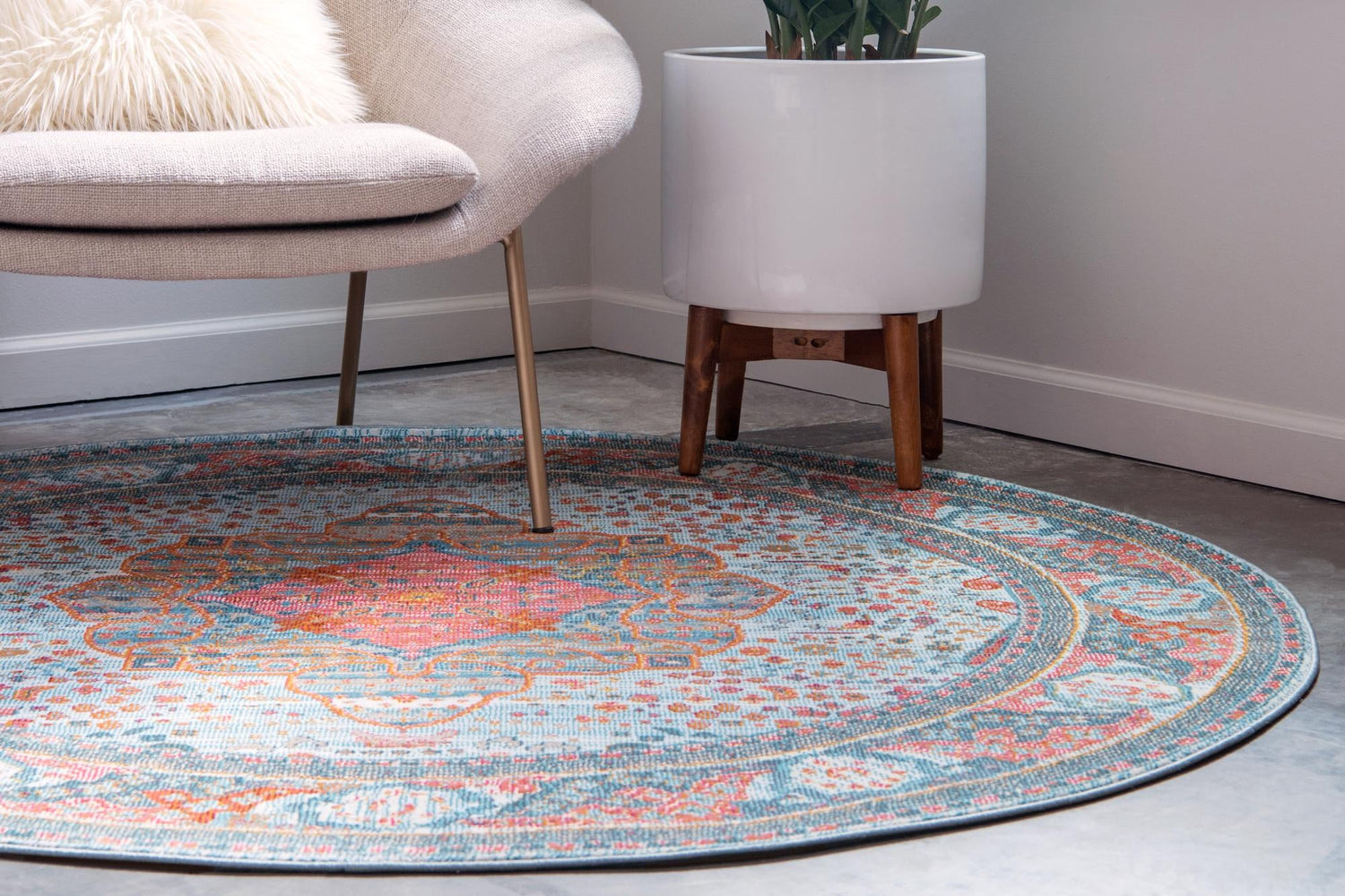 Light Blue 5' 5 x 5' 5 Baracoa Round Area Rug 100% Polypropylene Distressed Vintage Living Dining Room Office Traditional Carpet for Sale at Rug Engine