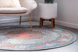 Light Blue 5' 5 x 5' 5 Baracoa Round Area Rug 100% Polypropylene Distressed Vintage Living Dining Room Office Traditional Carpet for Sale at Rug Engine