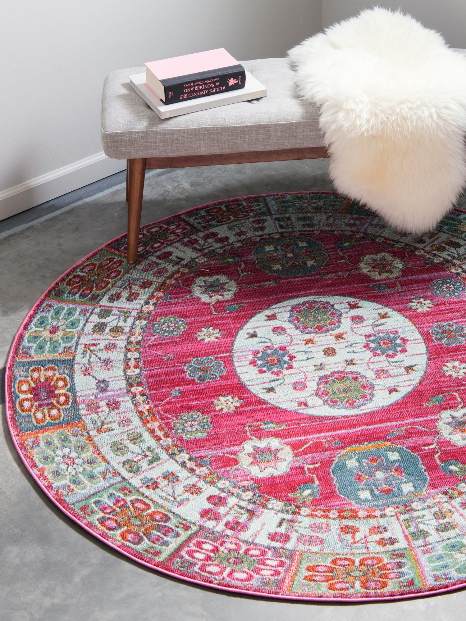 Pink 8' x 8' Baracoa Round Area Rug 100% Polypropylene Distressed Vintage Living Dining Room Office Traditional Carpet for Sale at Rug Engine