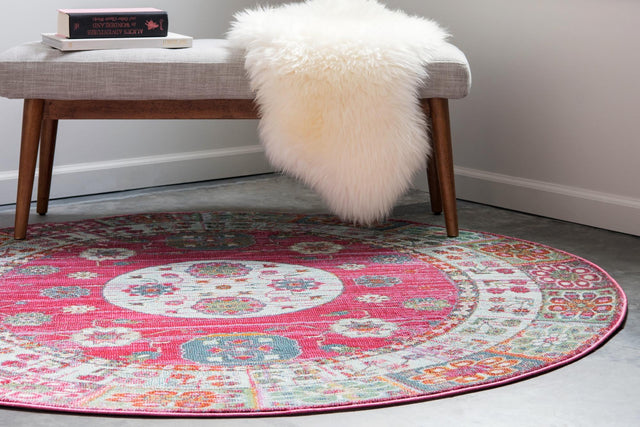 Pink 8' x 8' Baracoa Round Area Rug 100% Polypropylene Distressed Vintage Living Dining Room Office Traditional Carpet for Sale at Rug Engine