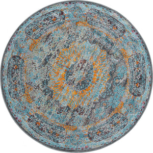 Blue 5' 5 x 5' 5 Baracoa Round Area Rug 100% Polypropylene Distressed Vintage Living Dining Room Office Traditional Carpet for Sale at Rug Engine