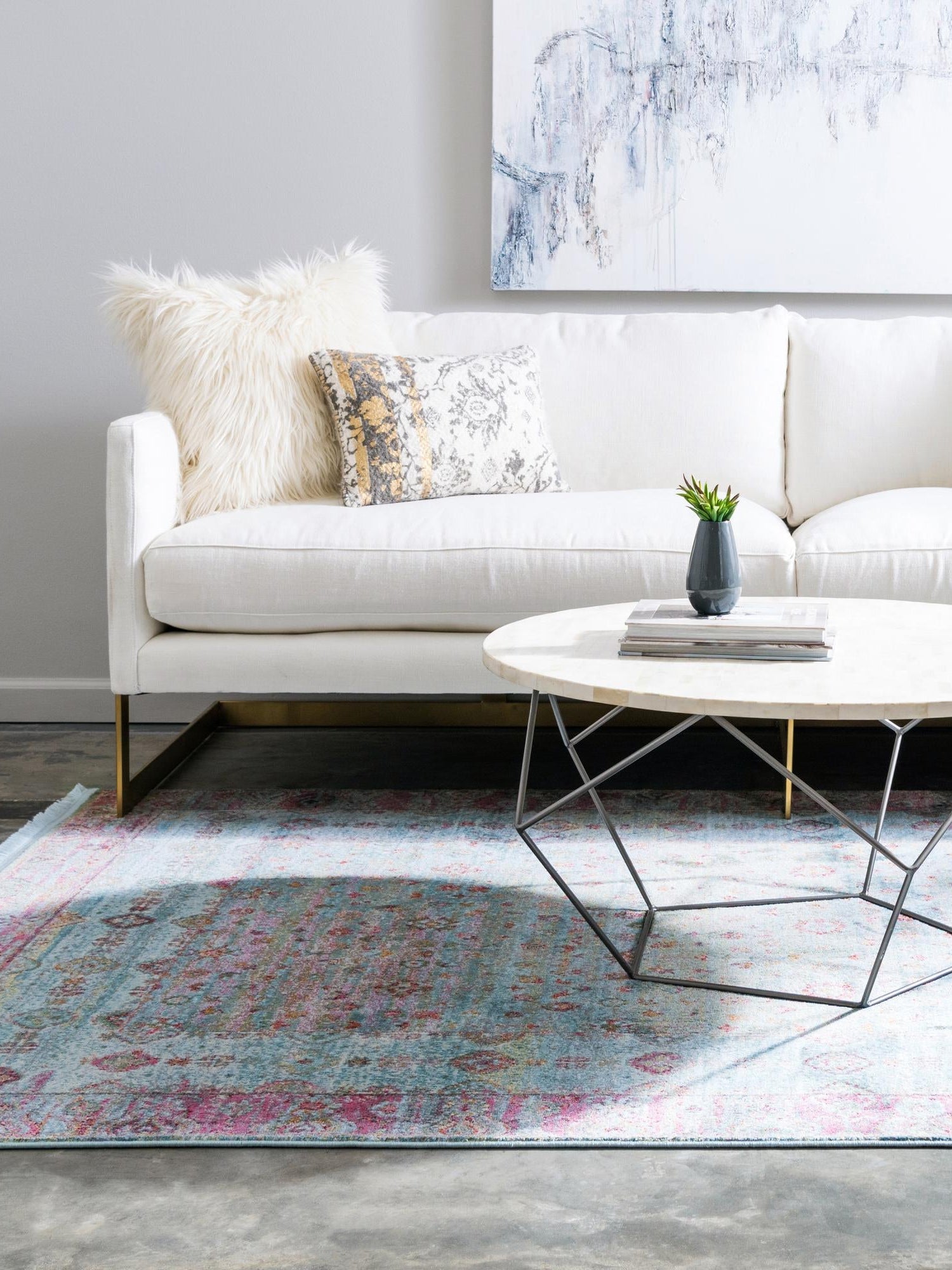 Blue 4' 3 x 6' 1 Baracoa Rectangle Area Rug 100% Polypropylene Distressed Vintage Living Dining Room Office Traditional Carpet for Sale at Rug Engine