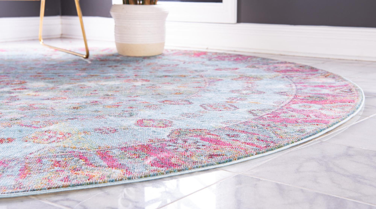 Blue 8' x 8' Baracoa Round Area Rug 100% Polypropylene Distressed Vintage Living Dining Room Office Traditional Carpet for Sale at Rug Engine