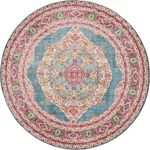 Turquoise 8' x 8' Baracoa Round Area Rug 100% Polypropylene Distressed Vintage Living Dining Room Office Traditional Carpet for Sale at Rug Engine