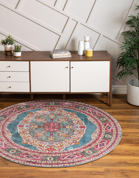 Turquoise 3' 3 x 3' 3 Baracoa Round Area Rug 100% Polypropylene Distressed Vintage Living Dining Room Office Traditional Carpet for Sale at Rug Engine