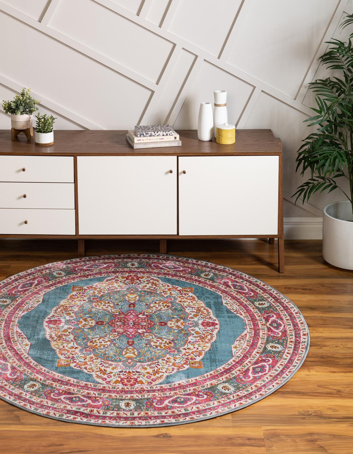 Turquoise 8' x 8' Baracoa Round Area Rug 100% Polypropylene Distressed Vintage Living Dining Room Office Traditional Carpet for Sale at Rug Engine