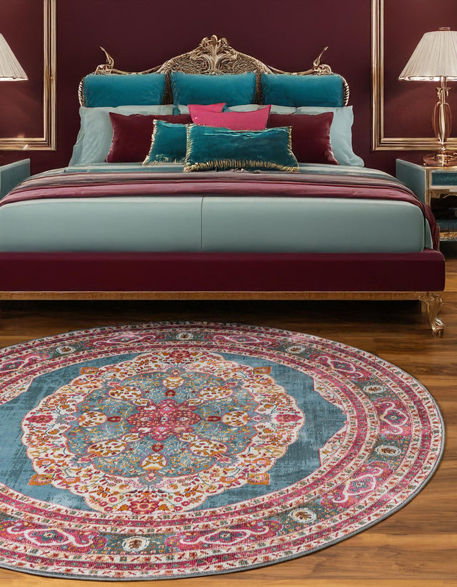 Turquoise 8' x 8' Baracoa Round Area Rug 100% Polypropylene Distressed Vintage Living Dining Room Office Traditional Carpet for Sale at Rug Engine