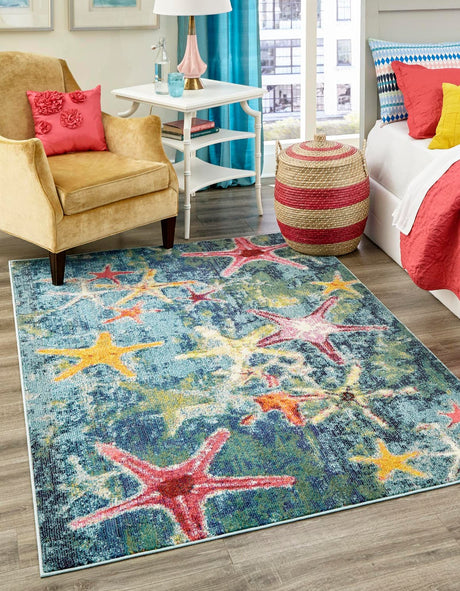 Navy Blue 4' 1 x 6' 1 Positano Rectangle Area Rug Coastal Marine Beach Design Carpet for Modern Living Rooms, Dining, Bedroom, Office for Sale at Rug Engine