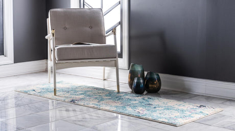 Light Blue 2' 7 x 12' Positano Runner Area Rug Coastal Marine Beach Design Carpet for Modern Living Rooms, Dining, Bedroom, Office for Sale at Rug Engine