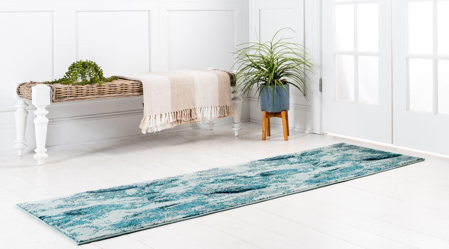 Light Blue 2' 7 x 10' Positano Runner Area Rug Coastal Marine Beach Design Carpet for Modern Living Rooms, Dining, Bedroom, Office for Sale at Rug Engine