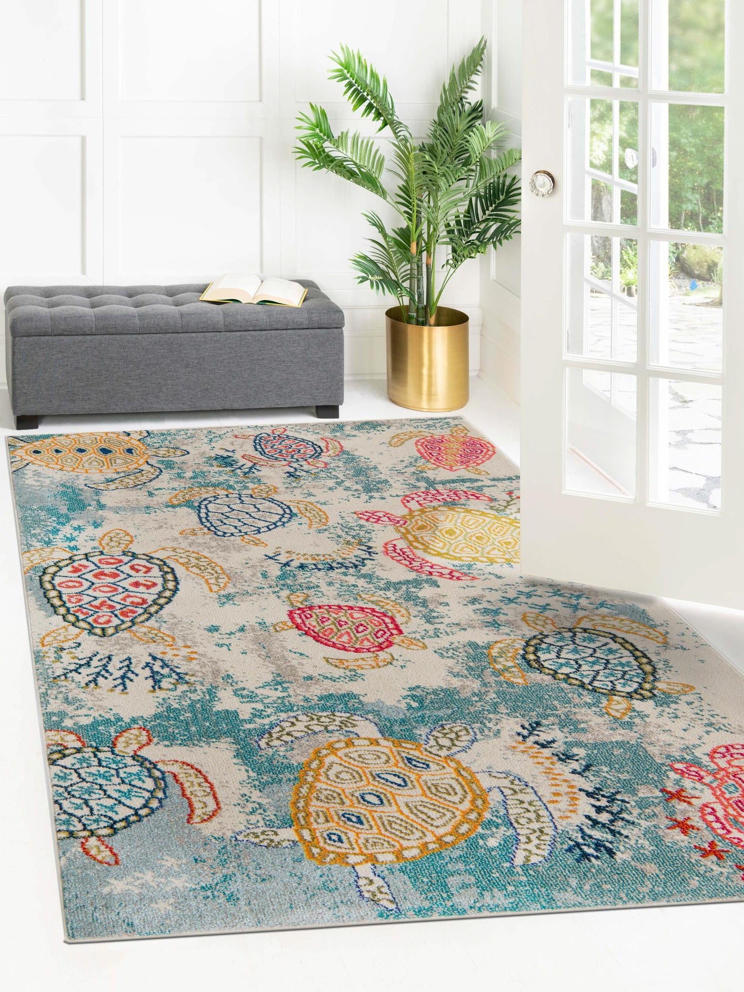 Beige 7' 1 x 10' Positano Rectangle Area Rug Coastal Marine Beach Design Carpet for Modern Living Rooms, Dining, Bedroom, Office for Sale at Rug Engine