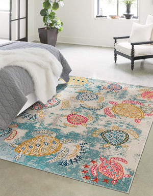 Beige 7' 1 x 10' Positano Rectangle Area Rug Coastal Marine Beach Design Carpet for Modern Living Rooms, Dining, Bedroom, Office for Sale at Rug Engine