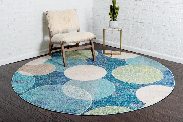 Navy Blue 8' x 8' Chromatic Round Area Rug 100% Polypropylene With Cotton Backing Abstract Modern Colorful Carpet Mat for Home Decor & Interior Design for Sale at Rug Engine