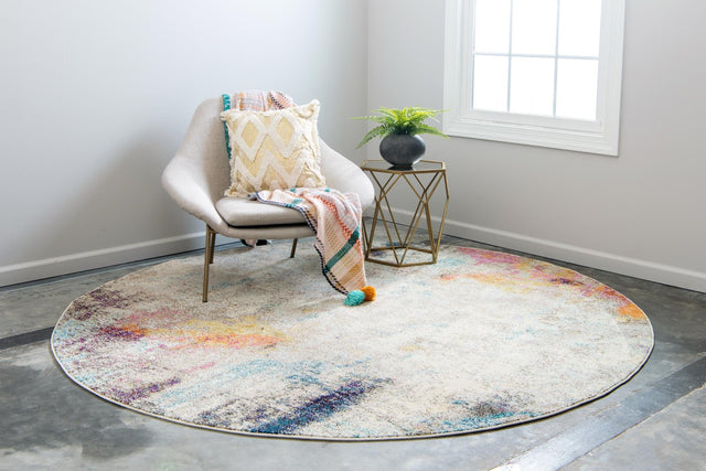 Beige 6' 1 x 6' 1 Chromatic Round Area Rug 100% Polypropylene With Cotton Backing Abstract Modern Colorful Carpet Mat for Home Decor & Interior Design for Sale at Rug Engine
