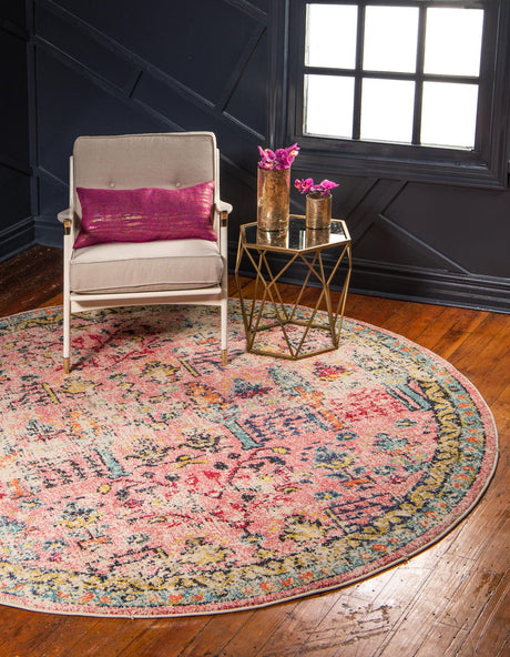 Pink 8' x 8' Monterey Round Area Rug 100% Polypropylene Colorful Easy Clean Traditional Carpet for Living Room, Bedrooms, Dining, Kitchen for Sale at Rug Engine