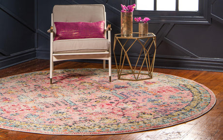 Pink 4' 1 x 4' 1 Monterey Round Area Rug 100% Polypropylene Colorful Easy Clean Traditional Carpet for Living Room, Bedrooms, Dining, Kitchen for Sale at Rug Engine