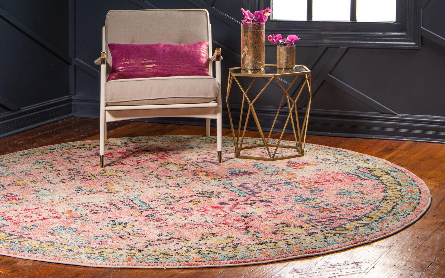 Pink 5' 3 x 5' 3 Monterey Round Area Rug 100% Polypropylene Colorful Easy Clean Traditional Carpet for Living Room, Bedrooms, Dining, Kitchen for Sale at Rug Engine