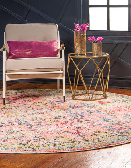 Pink 4' 1 x 4' 1 Monterey Round Area Rug 100% Polypropylene Colorful Easy Clean Traditional Carpet for Living Room, Bedrooms, Dining, Kitchen for Sale at Rug Engine